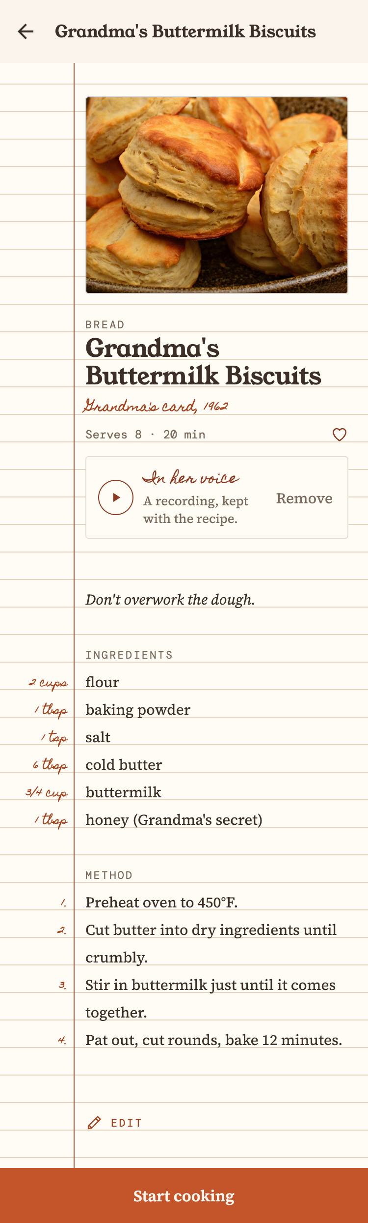 A recipe page in Kouzina: Grandma's Buttermilk Biscuits on a ruled card, with the amounts written in the margin and a voice note kept with the recipe